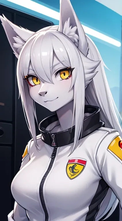 Beautiful Wolf Female, Grey Skin, White Hair, Yellow Eyes, Ferrari Pilot Racing