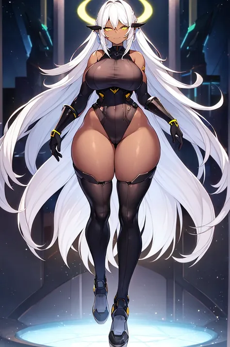 2girls, dark-skinned female, dark skin, white hair, long hair, large breasts, breasts, wide hips, yellow eyes, smile, smirk, smug, bodysuit, black bodysuit, white trim, sleeveless, black pantyhose, pantyhose, futuristic, tech, science-fiction, full body, (...