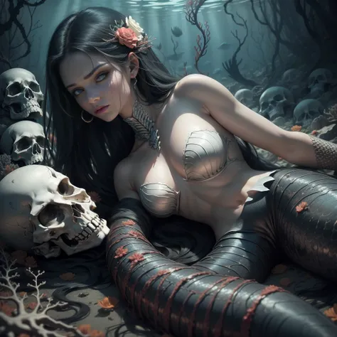 {-erro_de_anatomia:1.0} woman 30 years old, underwater, skeleton, corpse,Under the sea, where coral tendrils and vines abound, a woman (mermaid), long black hair looks at you amidst a pile of bones and skulls. Her eyes shine with a strange light. Indiffere...