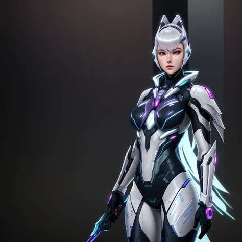 there is a woman in a futuristic suit holding a sword, pearlescent skin, cyberpunk pearl armor, sliver  color reflected armor, sharp silver armor fuchsia skin, photogenic details on armor, styled like ghost in the shell, glossy white armor, diverse cybersu...