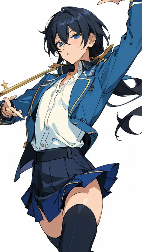 masterpiece, best quality, absurdres, Hokuto hidaka, black hair, long hair, blue eyes, beautiful, female body, school uniform, skirt, thighhighs, ultra-detailed, girl, solo, ensemble stars, breasts