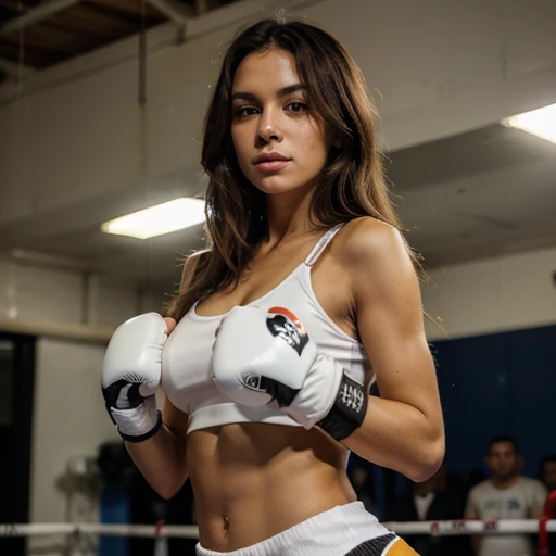 Brazilian babe wearing boxing gloves in a boxing ring