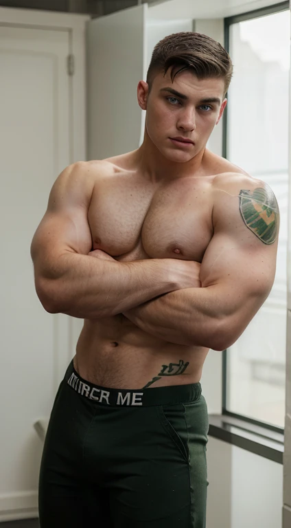 Young white man, 17 years old, military haircut, dark hair, intense green eyes, intense gaze, affiliated features, no facial hair, height 1.93, weight 90 kg, muscular and corpulent build, broad shoulders, V-shaped body, sleeves tattoos on right arm, full b...