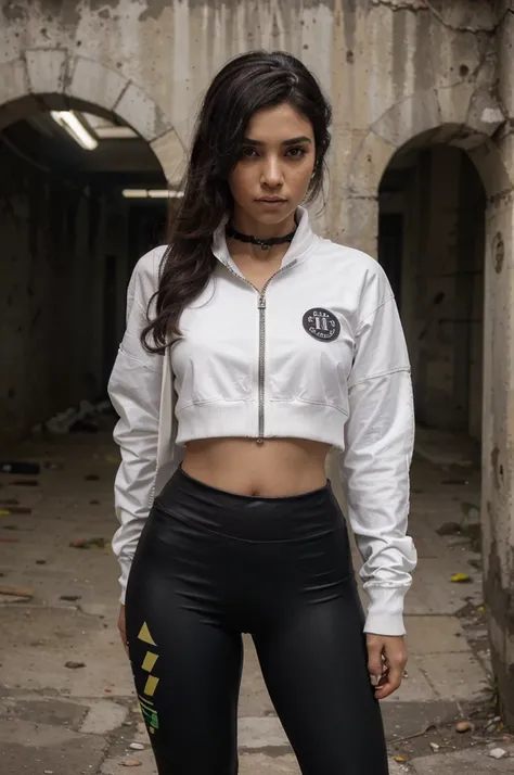 1girl, Primer plano, (cana, cabello mediano, senos grandes, ojos rojos), Perfect anatomy, Ciudad, Estilo cyberpunk, ((Camisa blanca, chaqueta negra, falda negra, ombligo, beltt, Guantes negros, corbata, reloj de pulsera, Pendientes, View through black legg...