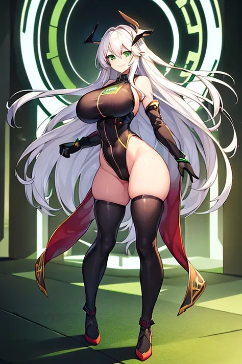 1girl, white hair, long hair, large breasts, breasts, wide hips, green eyes, smile, bodysuit, red bodysuit, black thighhighs, thighhighs, green trim, sleeveless, black pantyhose, pantyhose, futuristic, tech, science-fiction, full body, ((full body)),