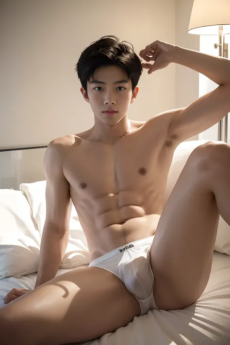 A cute asian boy is 24 years old. ,Lying on bed with legs spread, wears white transparent panties, no shirt, Thin body, no muscle body, juvenile, Boyish, Cute, Realistic, soft indoor lighting