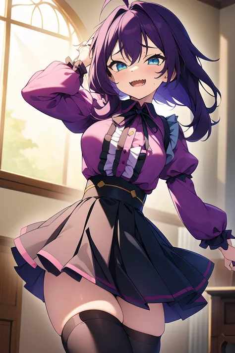 long hair, mole under mouth, purple hair, twintails, hair between eyes, aqua eyes, sharp teeth, ahoge, open mouth, smile, cowboy shot, 1girl, solo, masterpiece, best quality, jirai kei, black skirt, juliet sleeves, indoors, night, streets, thighhighs