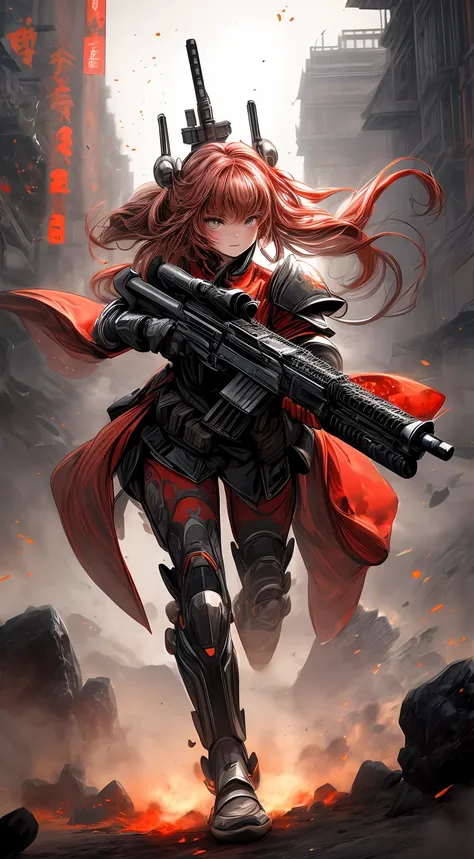 China-style，Q version of the sci-fi baby girl warrior，Cute and cuarCraft warrior armor，Huge guns，opening fire，Towards me，Wasteland，Full body like，Smudge，Meticulous portrayal，depth of fields，8K，A high resolution，tmasterpiece，Beautiful wallpapers，high qulity...