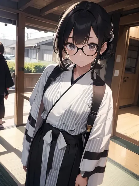 (((1Adult male)))　Reflecting the whole body　fit on screen　(masutepiece), (Best Quality), (ultra-detailliert), Beautiful shape　A dark-haired　Fix　Adult male　facing front　(((wear sandals on your feet)))　Standing　((Hakama with white and black vertical stripes　...