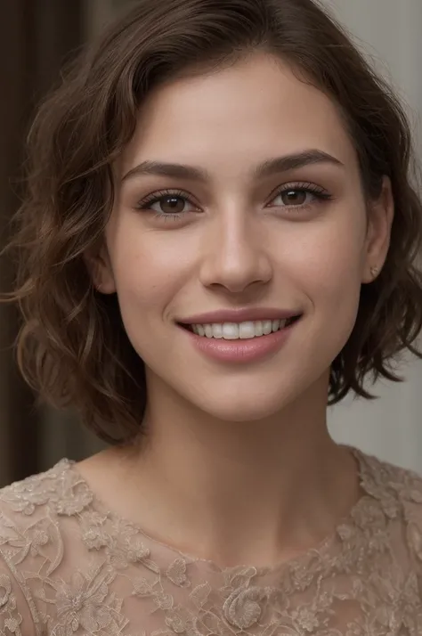 Breathtaking cinematic photo of a 30 year old girl with brown hair and brown eyes, full body photo, happy, cheerful, big smile with beautiful teeth, beautiful lips, intricate details, shallow depth of field, highly detailed, high budget Hollywood film, epi...