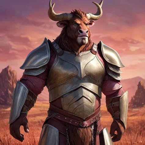 Male, (((solo))) character, bovid, male focus, 8k quality, ultra realistic, digital art, detailed portrait of a male anthro bovid wearing platemail armor, Highland Bull horns, two-tone fur, white and brown fur, cinematic lighting, stoic expression, cherry ...