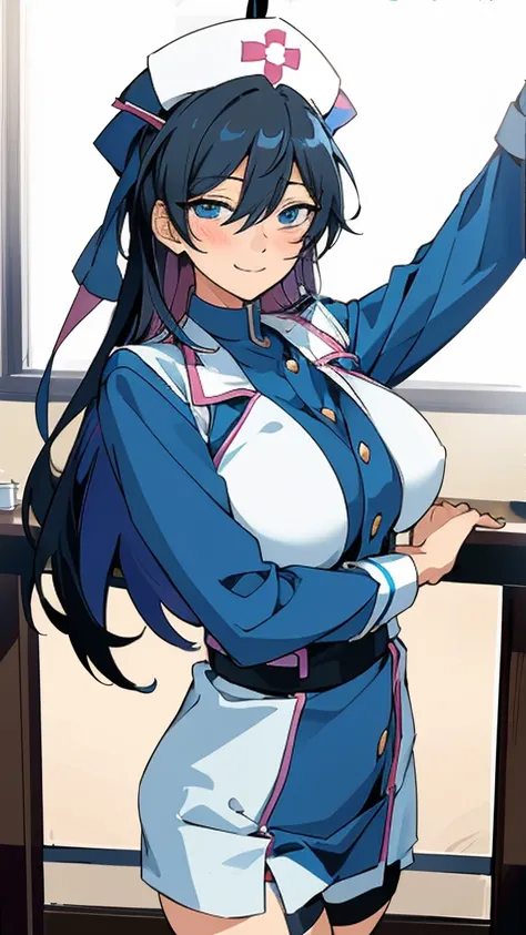 masterpiece, best quality, absurdres, Hokuto hidaka, black hair, long hair, blue eyes, beautiful, female body,  nurse outfit, nurse hat, stockings, ultra-detailed, girl, solo, ensemble stars, big breasts, blush, smile, indoors