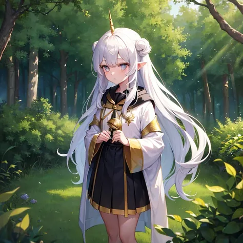 A girl with long white hair, a unicorn horn, gold eyes, and shes wearing Hufflepuff robes. She looks serious and shes pretty tall. Shes in a forest, Shes standing still looking to the side, shes bimming, shine. She looks really pure.