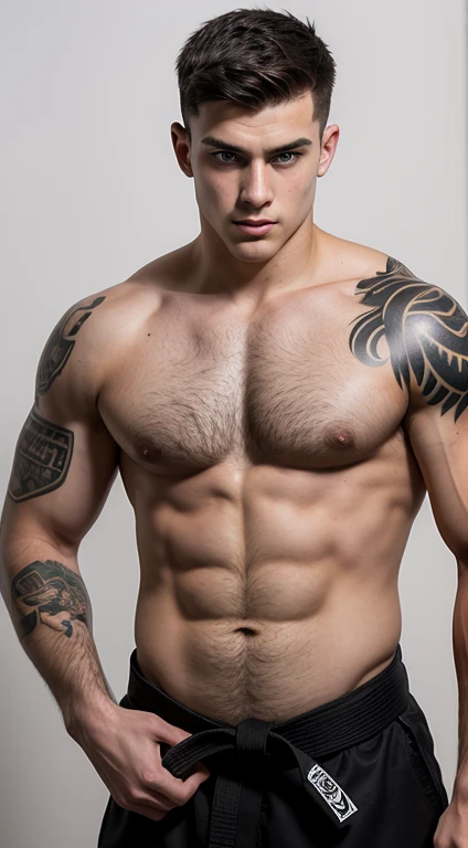 Young white man karate black belt , 17 years old, military haircut, dark black hair, intense green eyes, intense gaze, affiliated features, no facial hair, height 1.93, weight 96 kg, muscular and corpulent build, broad shoulders, V-shaped body, sleeves tat...