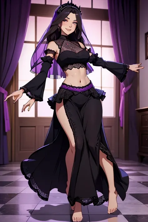 A beautiful, woman, wearing a floor-long wide frilly poofy black lace maxiskirt with a midriff-baring top and purple sleeves, a black lace veil, barefoot, happy facial expression.