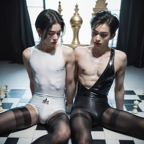 (masterpiece, 2boys, weak androgynous males, ballet tights, male crotch bulge, chess ballet, checkmate, black lost, white pawn takes black king:1.35)