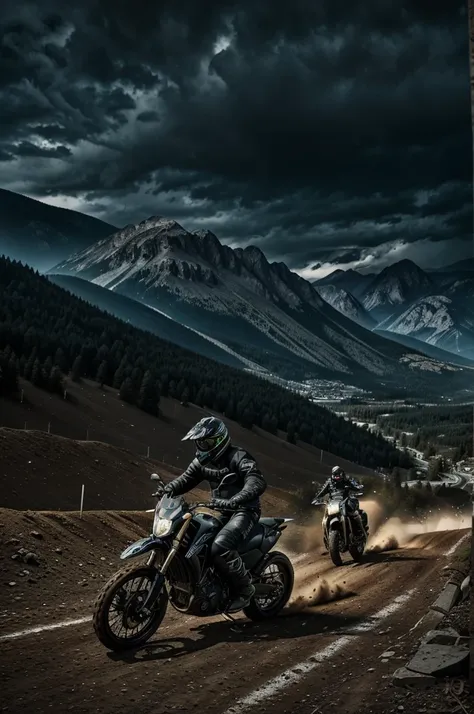 best quality, ultra-detailed, realistic, badass man, motorcyclist style, riding wide motocross, dark clothes, by night, ligthning strike thunder, mountain distant background, chaos atmosphere, 8k