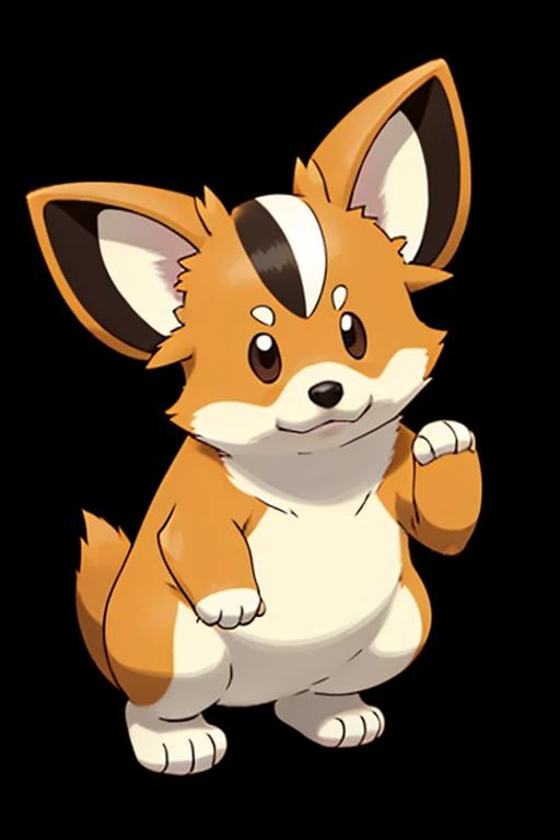 there is a tan and white Pembroke welsh corgi. he is sitting upright with his butt flat on the ground. his paws out like a boxer. he is a little chubby. it is in the style of a fighting type Pokémon card art. 2d, like the anime.