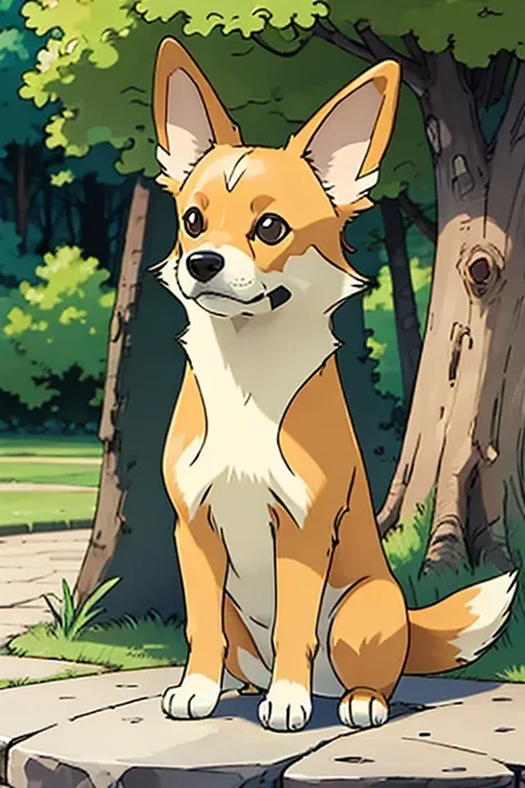 there is a tan and white Pembroke welsh corgi. he is sitting upright with his butt flat on the ground. his paws out like a boxer. he is a little chubby. it is in the style of a fighting type Pokémon card art. 2d, like the anime.