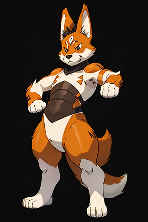 there is a tan and white Pembroke welsh corgi. he is sitting upright with his butt flat on the ground. his paws out like a boxer. he is a little chubby. it is in the style of a fighting type Pokémon card art. 2d, like the anime.