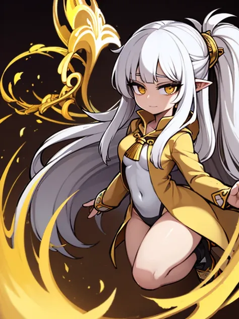 A girl with straight long white hair, a unicorn horn thats long and at the center of her head. The unicorn horn is gold. she only has one horn. gold eyes, and shes wearing yellow and black robes.