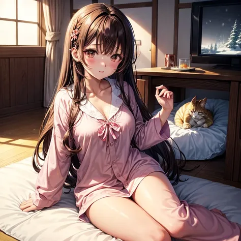 animesque、a beauty girl、a room、Snow outside the window、Kotatsu、mikan、cat is sleeping、large tv、s Pajamas、Sleepy face、Brown hair、piercings、Brown eyes、Beautiful breasts