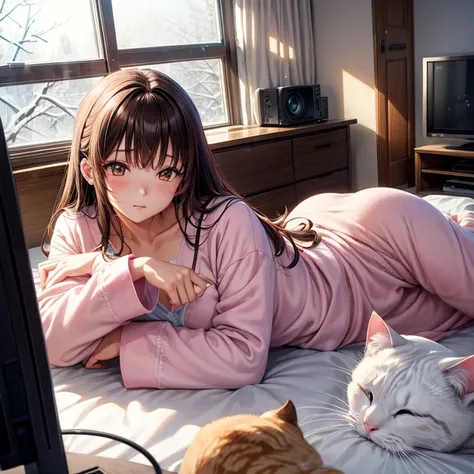 animesque、a beauty girl、Mature Woman、a room、Snow outside the window、Kotatsu、mikan、cat is sleeping、large tv、s Pajamas、Sleepy face、Brown hair、piercings、Brown eyes