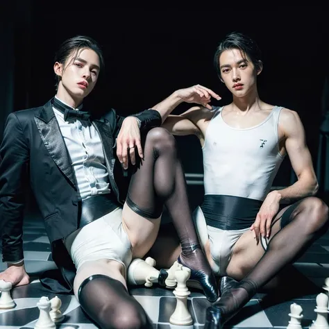 (masterpiece, 2boys, weak androgynous males, ballet tights, male crotch bulge, chess ballet, checkmate, black lost, white pawn takes black king:1.35)