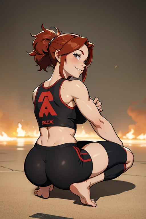 rear depiction of a beautiful smiling redhaired barefoot woman in short black sportsgear, squatting.