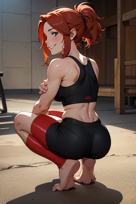 rear depiction of a beautiful smiling redhaired barefoot woman in short black sportsgear, squatting.