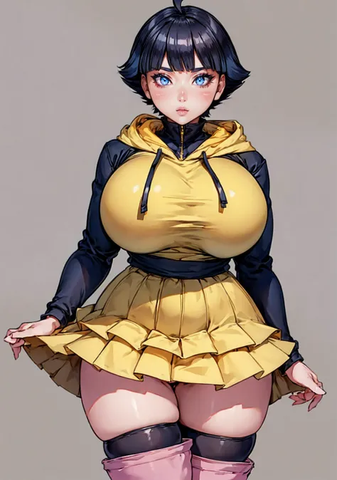 Best quality, 12K, uzumaki_himawari, short black hair, blunt bang, blue eyes, lines on face, yellow hoodie, pink pleated skirt, black thigh highs, red boots, massive breasts, wide hips, thick thighs.