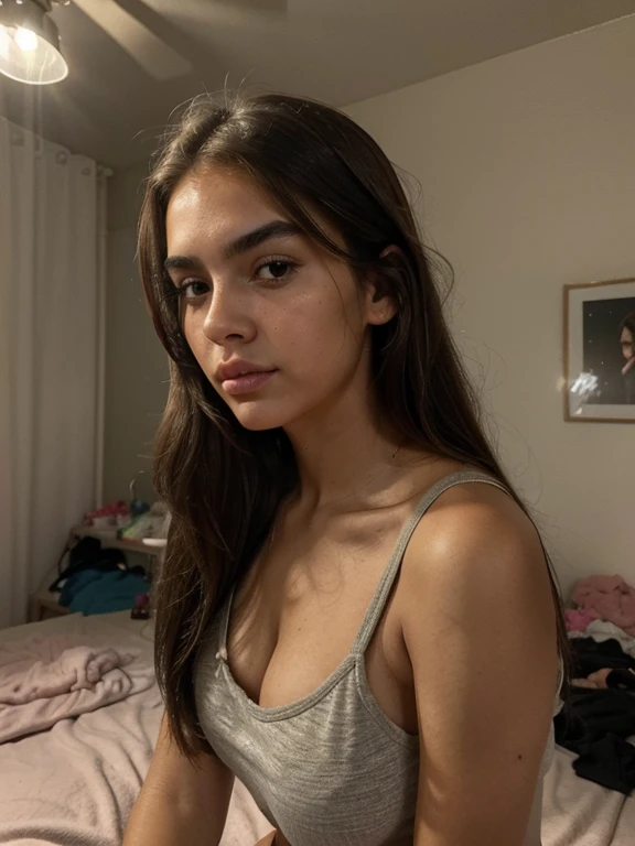 1 girl looking pouting, in distance, very pretty, 23 years old, tanned, long hair, brown hair, brown eyes, sharp eyebrows, big lips, realistic, moody, wearing top and shorts, far away, large chest, girl has a messy room above her head, sleeping in bed, sel...