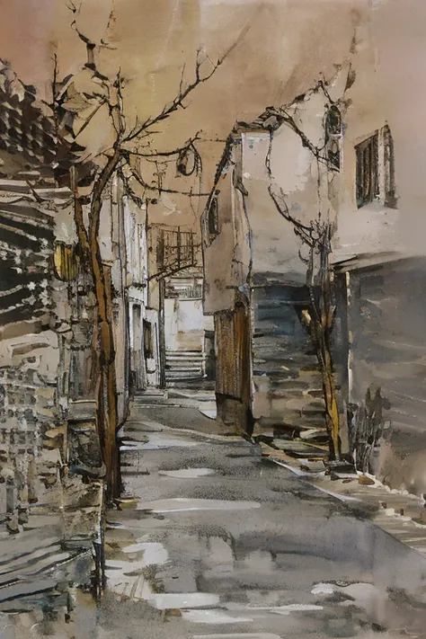 rua deserta, beco iluminado por postes, at the end of the alley you see a lonely tree, sem folhas. monochrome watercolor style (...