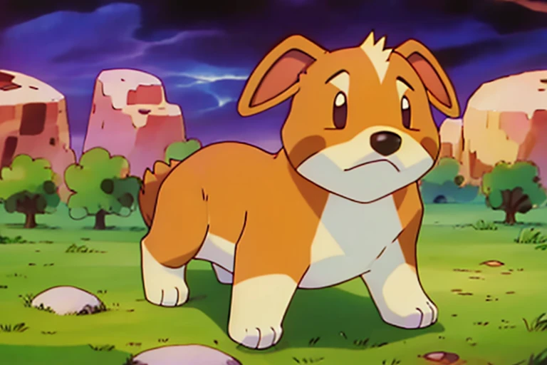 there is a chubby tan and white Pembroke welsh corgi. he is sitting upright with his butt flat on the ground. his paws out like a boxer. it is in the style of a fighting type Pokémon card art. 2d, like the anime.