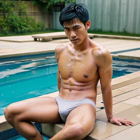 Masterpiece, Best quality, asian man, anime big breast, Solo, buzz cut, view the viewer, Mature male, toned male, Tik, underwear, Panties, velocity, Bulge, Crotch, detailed bulge, Slim, Thick thighs, Wet, Wet clothing, Wet bulge, genital contours,  outline...