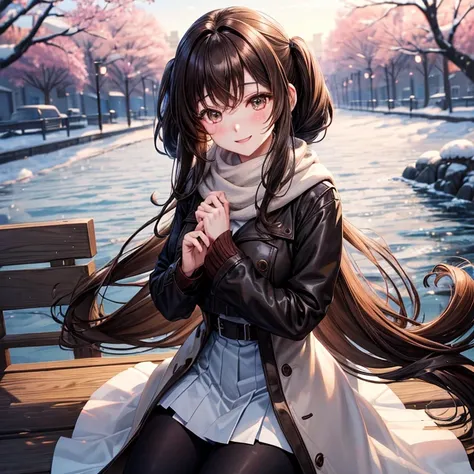 animesque、a beauty girl、poneyTail、Brown hair、a park、brown and black half coat、muffler、Cold face、Winters、White breath、warm sunlight、a smile、Beautiful breasts