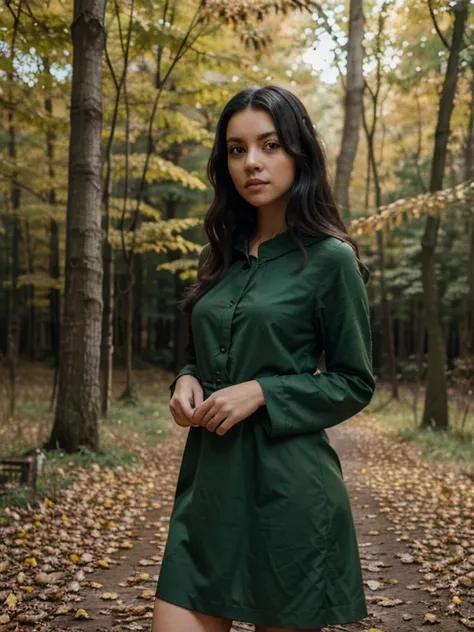 Potrait, Female person, light skin, black hair, green eyes. wearing House dress flower motif , Standing in the autumn forest, photography ,32K