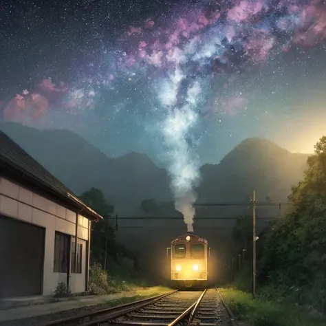 master part, anime train passing through bodies of water on tracks, Bright starry sky. Romantic train, imagem de Makoto Shinkai, Pisif, Conceito-Arte, Arte Lofi style, reflection. por makoto shinkai, Arte Lofi, belas cenas de anime, Paisagem do anime, deta...