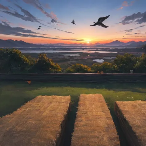 Autumn sunsets are incredibly beautiful(Sunset Landscape Painting)，((The view is a huge sunset over the horizon))，(Conectado ao lago)，((flying birds))，((Multiple Ships))，Tons de outono，（Chinese ink wash painting style），（masutepiece），（Very detailed image de...