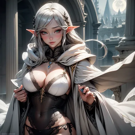 {-erro_de_anatomia:1.0} Moonlight, very sexy elf sorceress, big breasts, very beautiful face, happy face, gray hair, white cloak, sexy underwear with white lace, gray eyes, on top of a black dragon, voando sob  a luz do luar