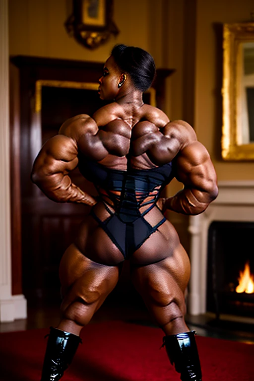 40 year old black female bodybuilder, corset, fishnet stockings, high heels, latex boots, standing in mansion library next to fireplace, from back