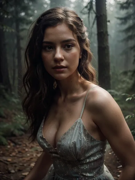 wilderness, Woman in dress, steamy, haze, Timeless, ethereal, Hyper-realistic, Ultra photo realism, tmasterpiece, 8k, in focuokeh, Detailed hair, highly detailed, high qulity, High definition, cinematic perspective