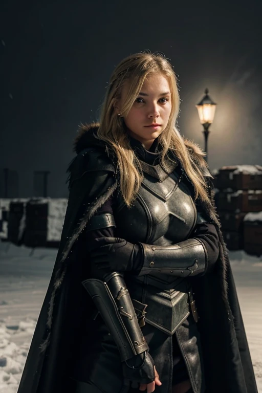 female fantasy soldier, black armor, fur cape, blonde hair, 18 years old, in a blizzard