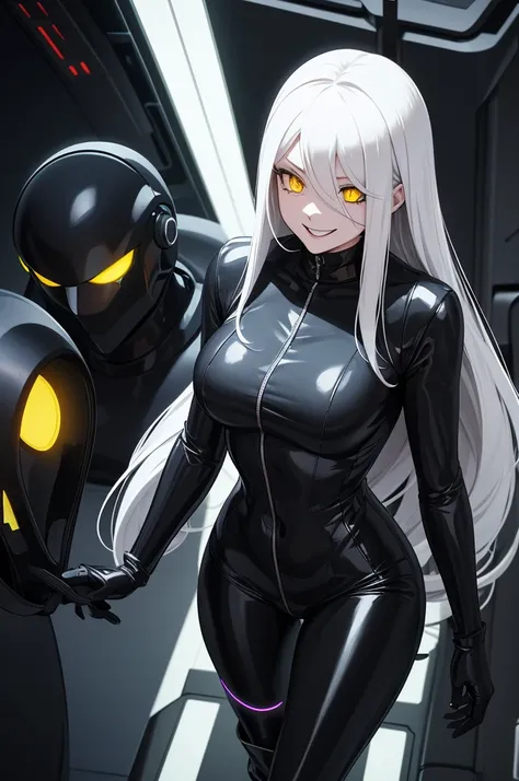 robotic woman, black rubber bodysuit, long black rubber boots, long black rubber gloves, White lab jacket, Long white hair, evil mad smile, shadow over eyes, yellow glowing eyes, wires attach on back, machines on back.