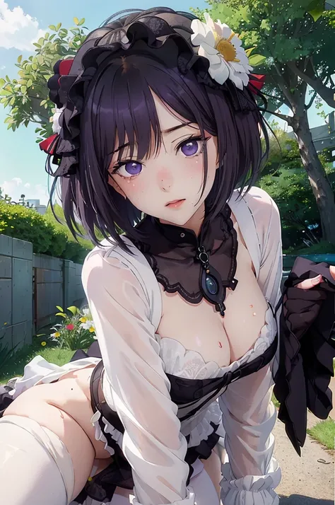 (((Young White Woman))), ((Best Quality)), ((Masterpiece)), (Detail: 1.4), 3D,MarinLora, blush, short hair, black hair, hair ornament, thighhighs, long sleeves, dress, purple eyes, purple hair, flower, (nude), pastel, Centered, scale to fit the dimensions,...