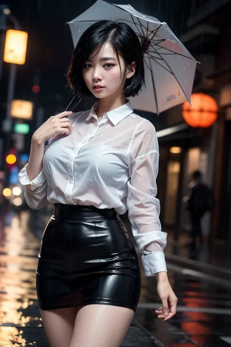 (Best quality, 8k, 32k, Masterpiece, UHD:1.2), Photo of Pretty Japanese woman, medium size breasts, bob hairstyle, short Black Hair, , JAV, dramatic lighting, romantic vibe, getting drenched in the rain, raining, street, cityscape, feeling the vibe, aesthe...