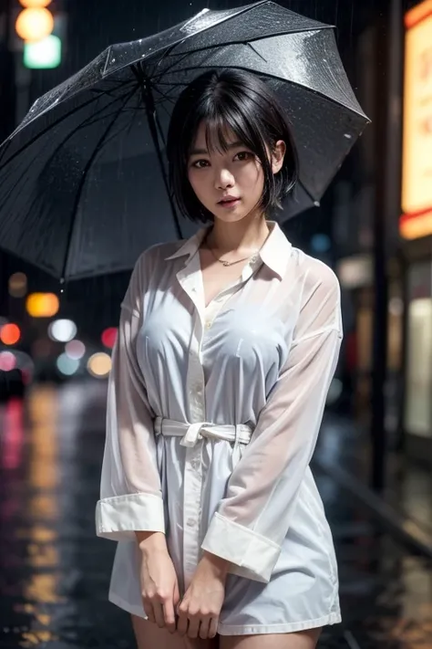 (Best quality, 8k, 32k, Masterpiece, UHD:1.2), Photo of Pretty Japanese woman, medium size breasts, bob hairstyle, short Black Hair, , JAV, dramatic lighting, romantic vibe, getting drenched in the rain, raining, street, cityscape, feeling the vibe, aesthe...