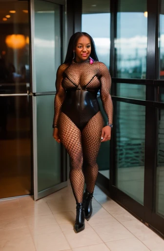 40 year old akilah female bodybuilder, big thighs, (fishnet catsuit), high heels, latex boots, walking out of hotel glass door, ((full body shot))