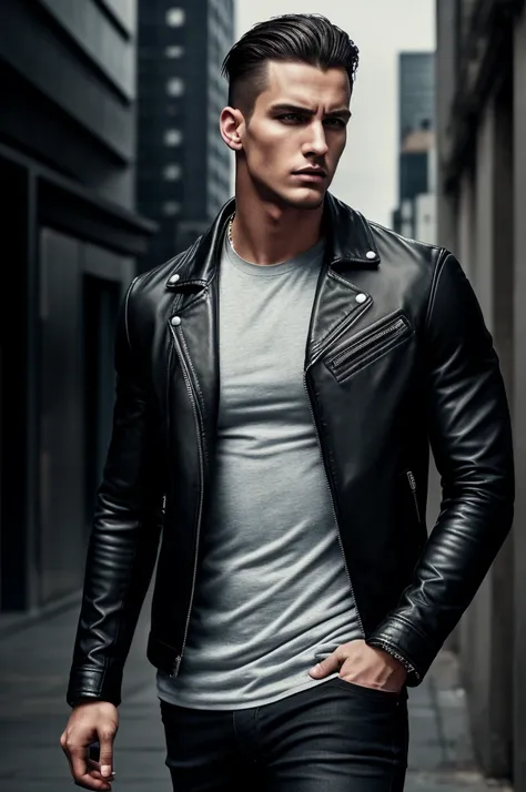 bad boy model, Josh Upshaw, Carolina Herrera advertisement, high fashion, stylish, confident, masculine, intense gaze, perfect complexion, sculpted jawline, piercing eyes, strong eyegreys, chiseled features, fashionable outfit, leather jacket, dark jeans, ...