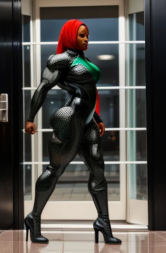 40 year old akilah female bodybuilder, big thighs, (fishnet catsuit), high heels, latex boots, walking out of hotel glass door, ((full body shot))